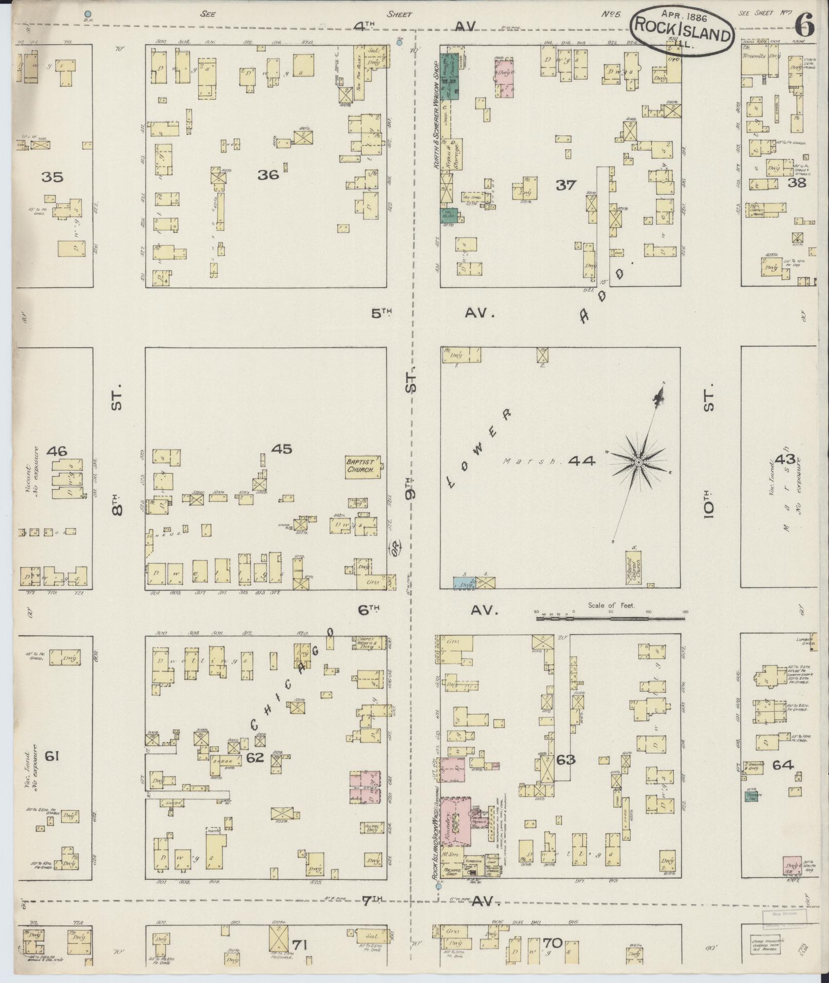 Sanborn Fire Insurance Map from Rock Island, Rock Island County, Illinois (1886), Sheet #0006 - Historic Sanborn Fire Insurance Map Print, vintage old map wall art, antique decor, genealogy gift, Illinois Illinois map