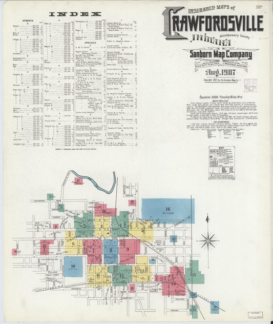 Sanborn Fire Insurance Map from Crawfordsville, Montgomery County, Indiana (1907), Sheet #0001 - Historic Sanborn Fire Insurance Map Print, vintage old map wall art, antique decor, genealogy gift, Indiana Indiana map