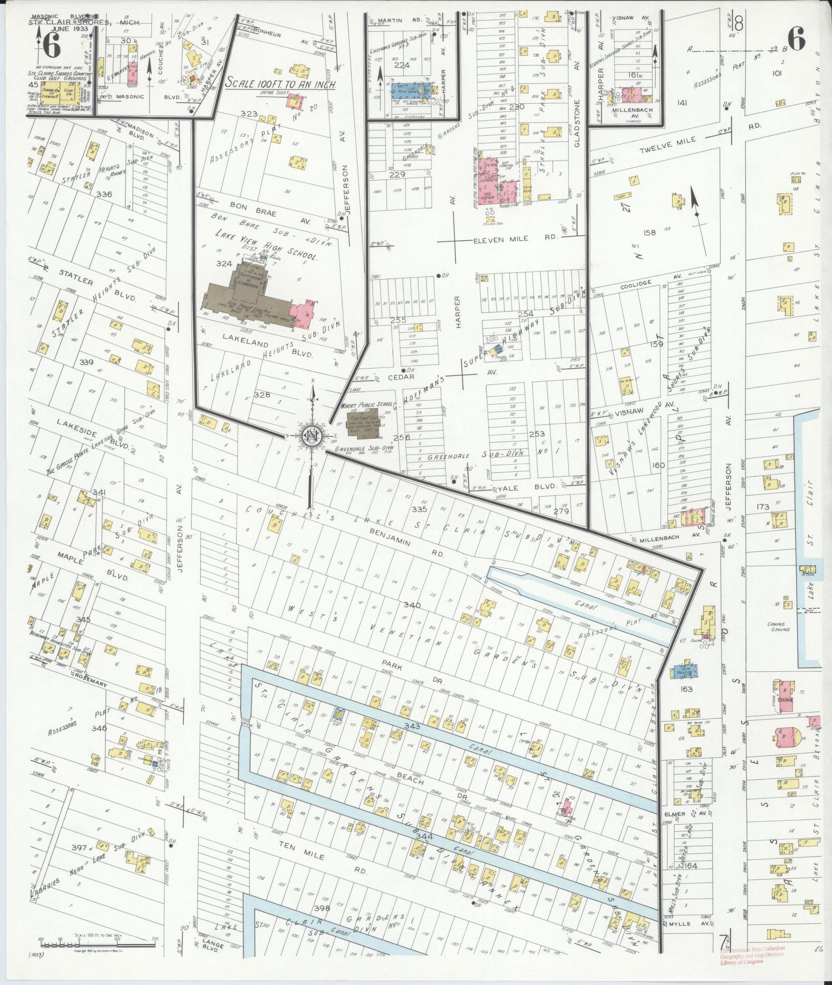 Sanborn Fire Insurance Map from Saint Clair Shores, Macomb County, Michigan (1933), Sheet #0006 - Historic Sanborn Fire Insurance Map Print, vintage old map wall art, antique decor, genealogy gift, Michigan Michigan map