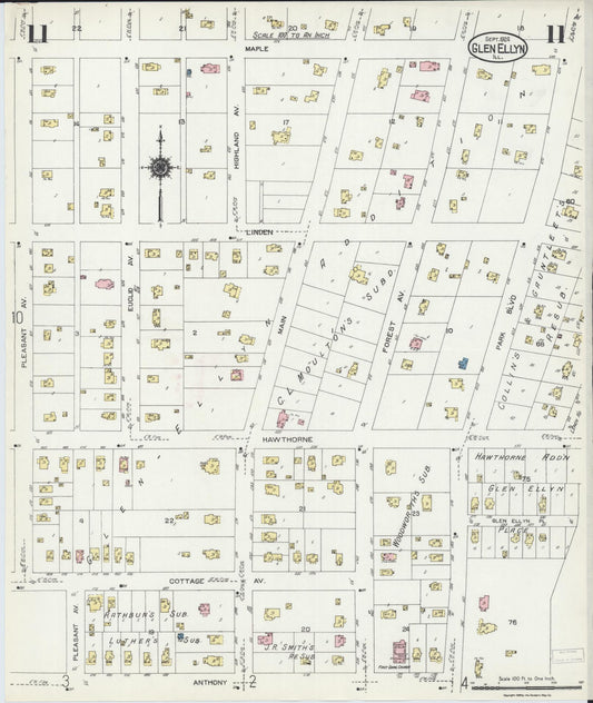 Sanborn Fire Insurance Map from Glen Ellyn, Du Page County, Illinois (1924), Sheet #0011 - Historic Sanborn Fire Insurance Map Print, vintage old map wall art, antique decor, genealogy gift, Illinois Illinois map