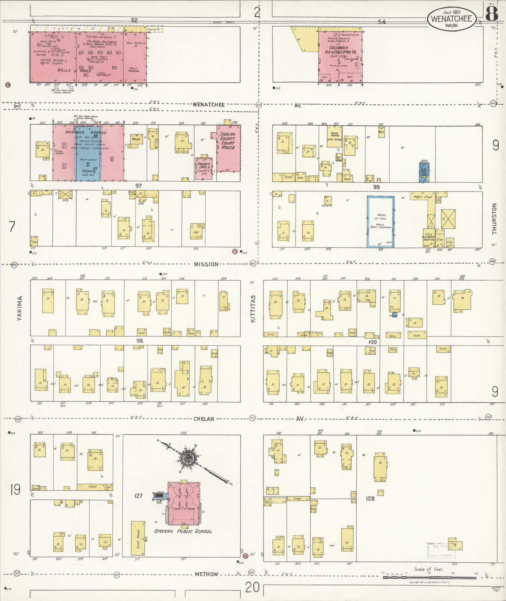 Sanborn Fire Insurance Map from Wenatchee, Chelan County, Washington (1921), Sheet #0008 - Complete Map Set gallery image, historic Sanborn map, vintage wall art, Washington Washington
