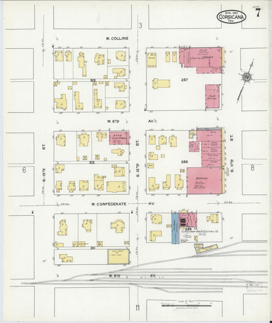 Sanborn Fire Insurance Map from Corsicana, Navarro County, Texas (1921), Sheet #0007 - Historic Sanborn Fire Insurance Map Print, vintage old map wall art, antique decor, genealogy gift, Texas Texas map