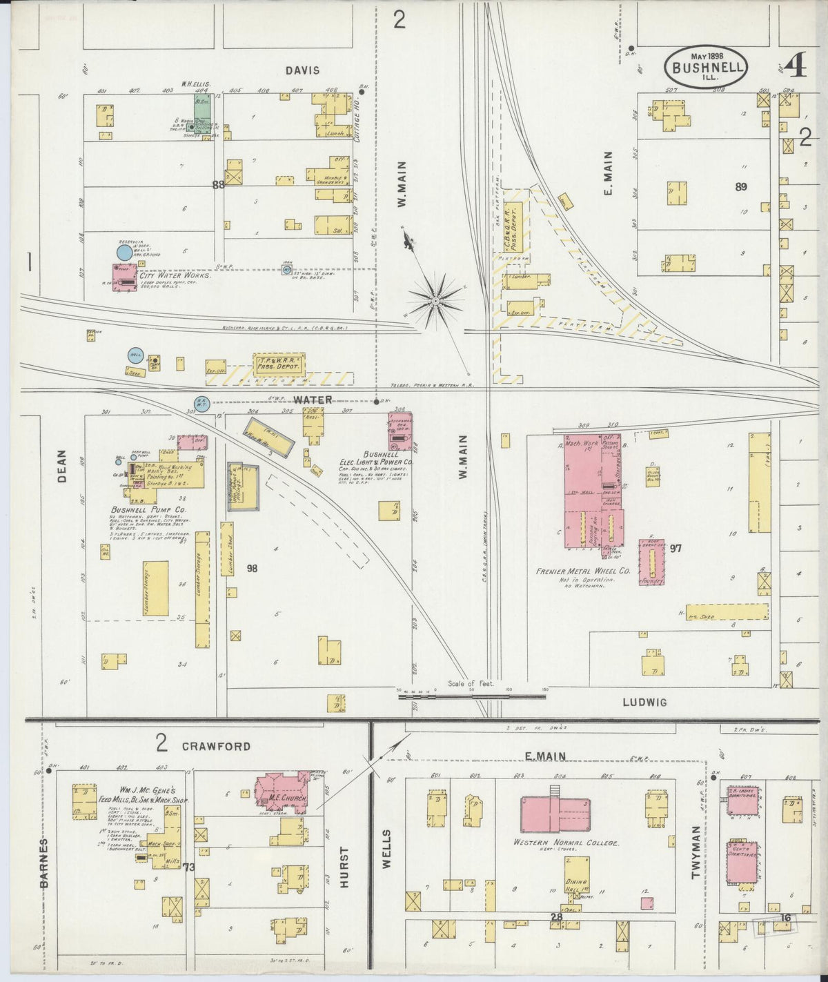 Sanborn Fire Insurance Map from Bushnell, Mcdonough County, Illinois (1898), Sheet #0004 - Historic Sanborn Fire Insurance Map Print, vintage old map wall art, antique decor, genealogy gift, Illinois Illinois map