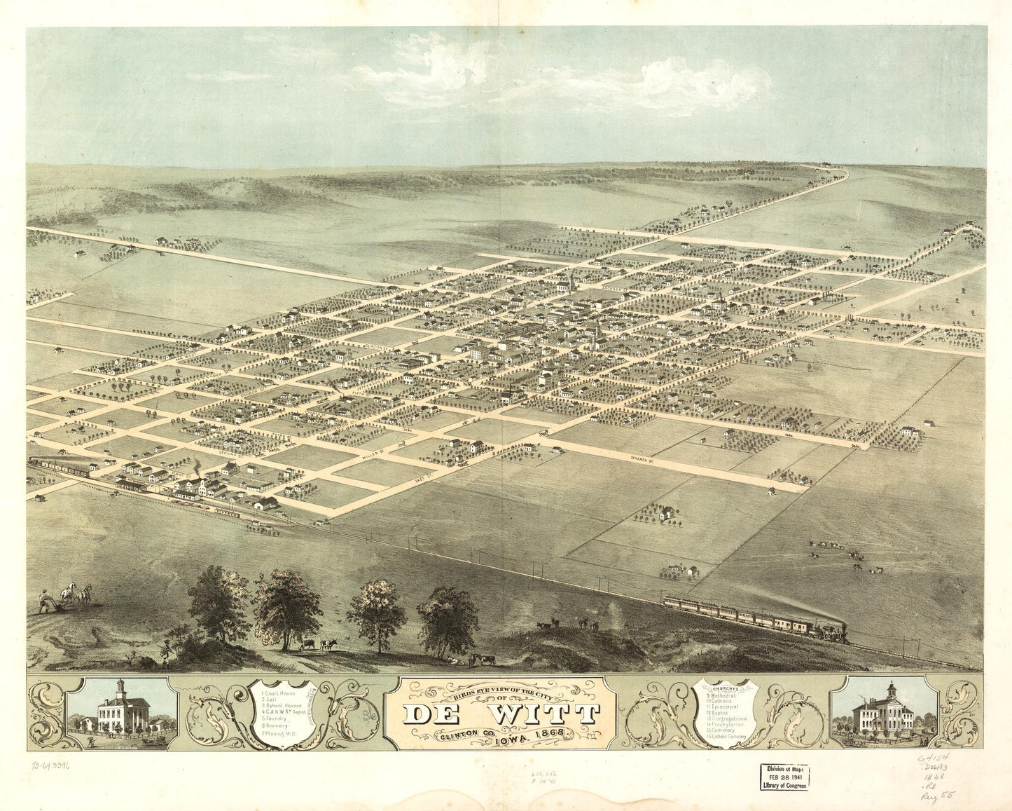 Birds eye view of the city of De Witt, Clinton Co., Iowa 1868. (1868) – Historic Bird’s-Eye View Panorama Print