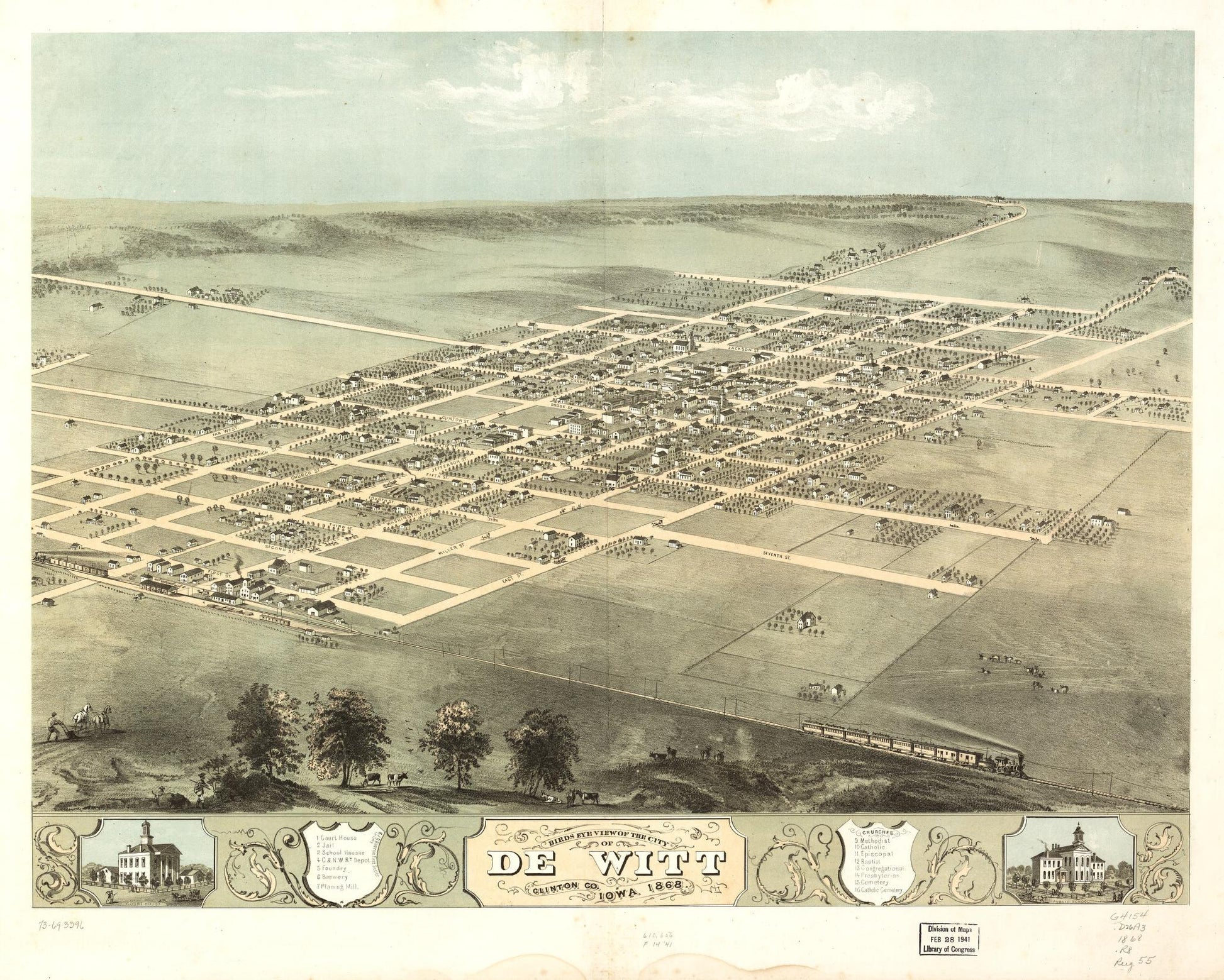 Birds eye view of the city of De Witt, Clinton Co., Iowa 1868. (1868) – Historic Bird’s-Eye View Panorama Print