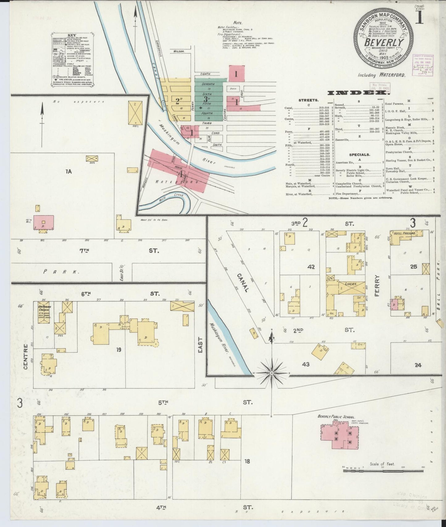 Sanborn Fire Insurance Map from Beverly, Washington County, Ohio (1905), Sheet #0001 - Historic Sanborn Fire Insurance Map Print, vintage old map wall art, antique decor, genealogy gift, Ohio Ohio map