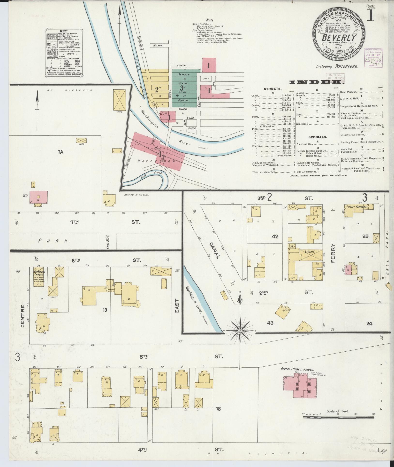 Sanborn Fire Insurance Map from Beverly, Washington County, Ohio (1905), Sheet #0001 - Historic Sanborn Fire Insurance Map Print, vintage old map wall art, antique decor, genealogy gift, Ohio Ohio map
