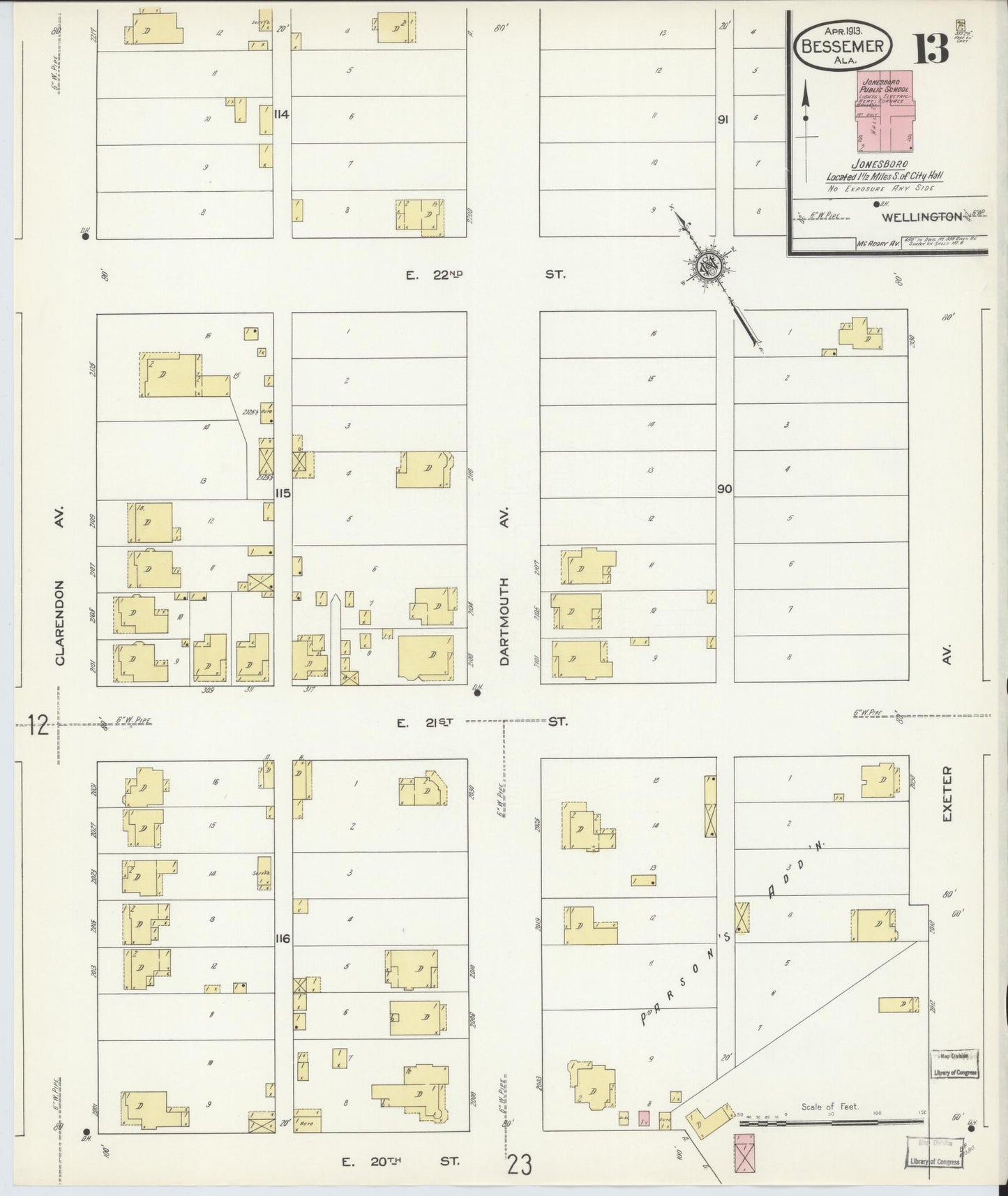 Sanborn Fire Insurance Map from Bessemer, Jefferson County, Alabama (1913), Sheet #0013 - Complete Map Set gallery image, historic Sanborn map, vintage wall art, Alabama Alabama