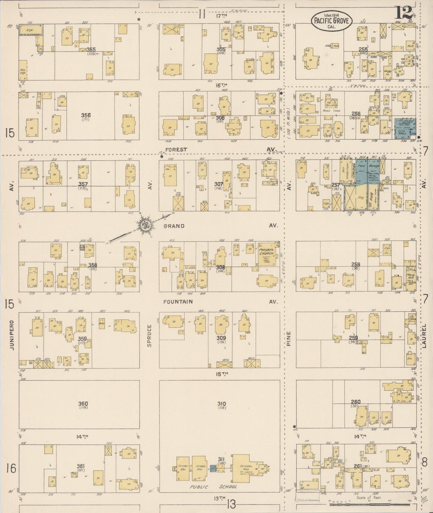 Sanborn Fire Insurance Map from Pacific Grove, Monterey County, California (1914), Sheet #0012 - Complete Map Set gallery image, historic Sanborn map, vintage wall art, California California