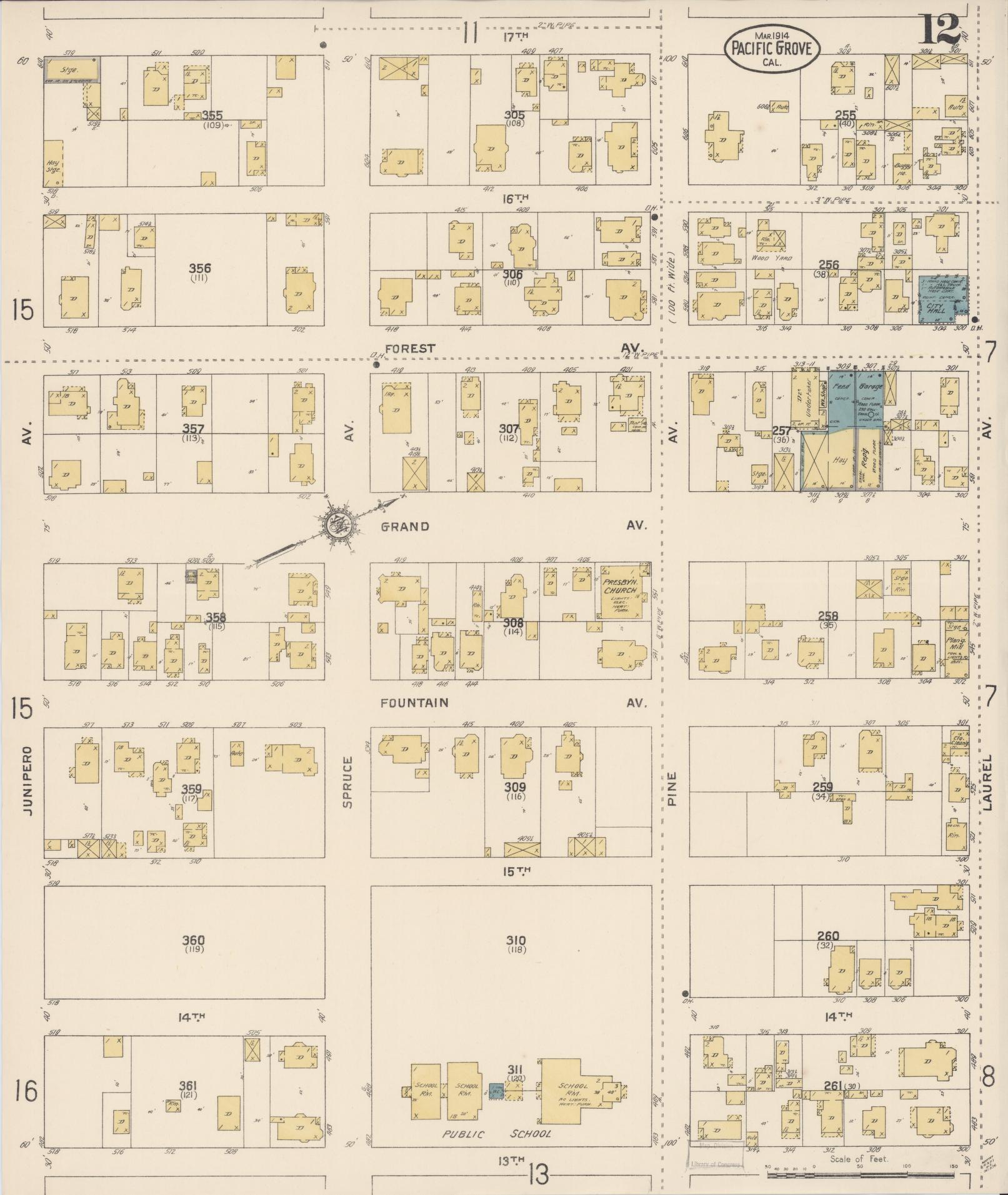 Sanborn Fire Insurance Map from Pacific Grove, Monterey County, California (1914), Sheet #0012 - Complete Map Set gallery image, historic Sanborn map, vintage wall art, California California