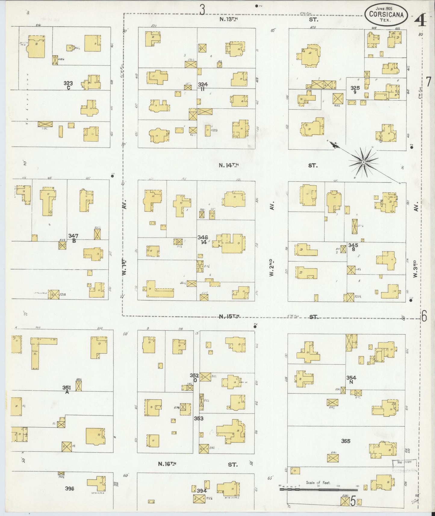Sanborn Fire Insurance Map from Corsicana, Navarro County, Texas (1905), Sheet #0004 - Historic Sanborn Fire Insurance Map Print, vintage old map wall art, antique decor, genealogy gift, Texas Texas map