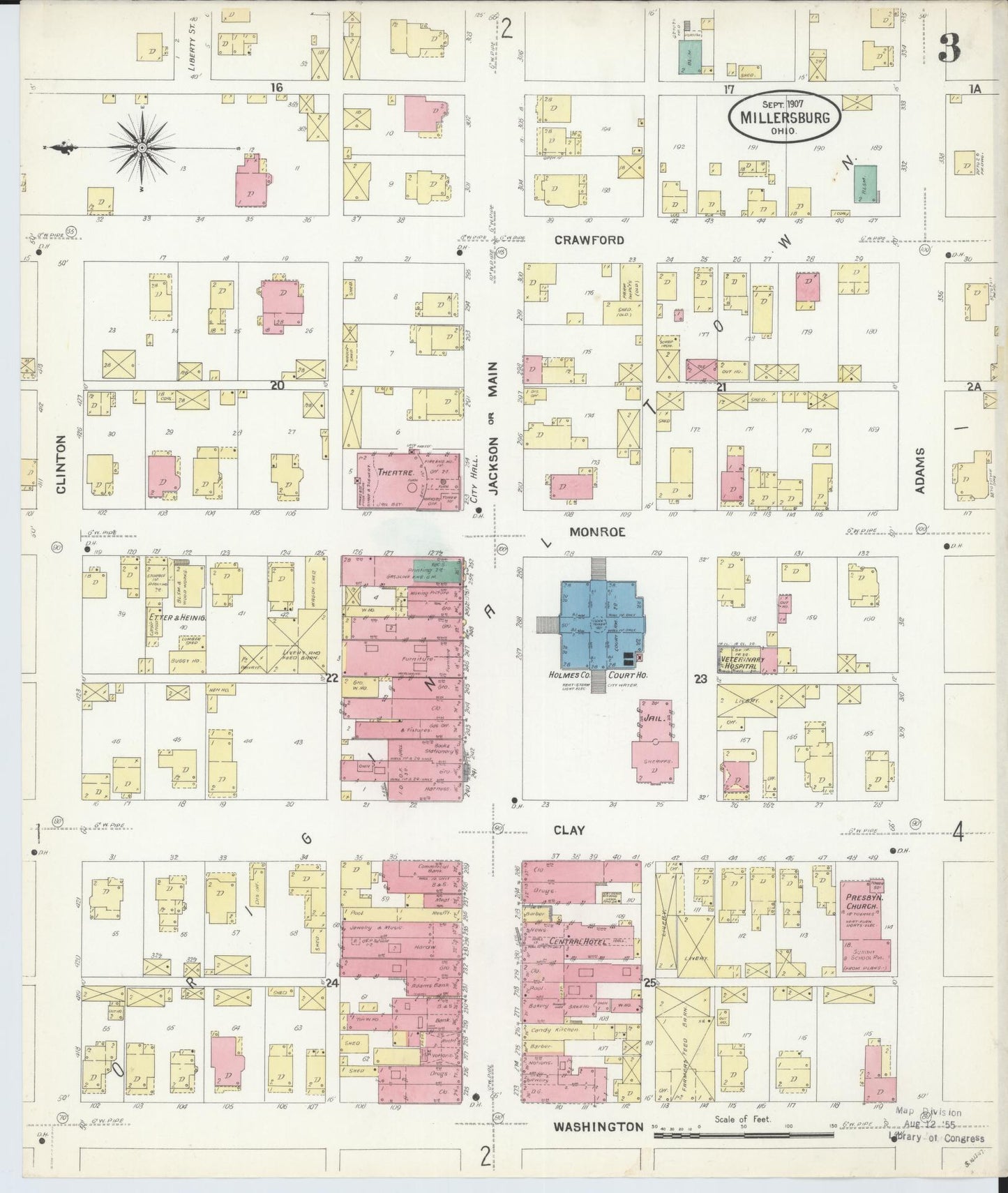 Sanborn Fire Insurance Map from Millersburg, Holmes County, Ohio (1907), Sheet #0003 - Complete Map Set gallery image, historic Sanborn map, vintage wall art, Ohio Ohio