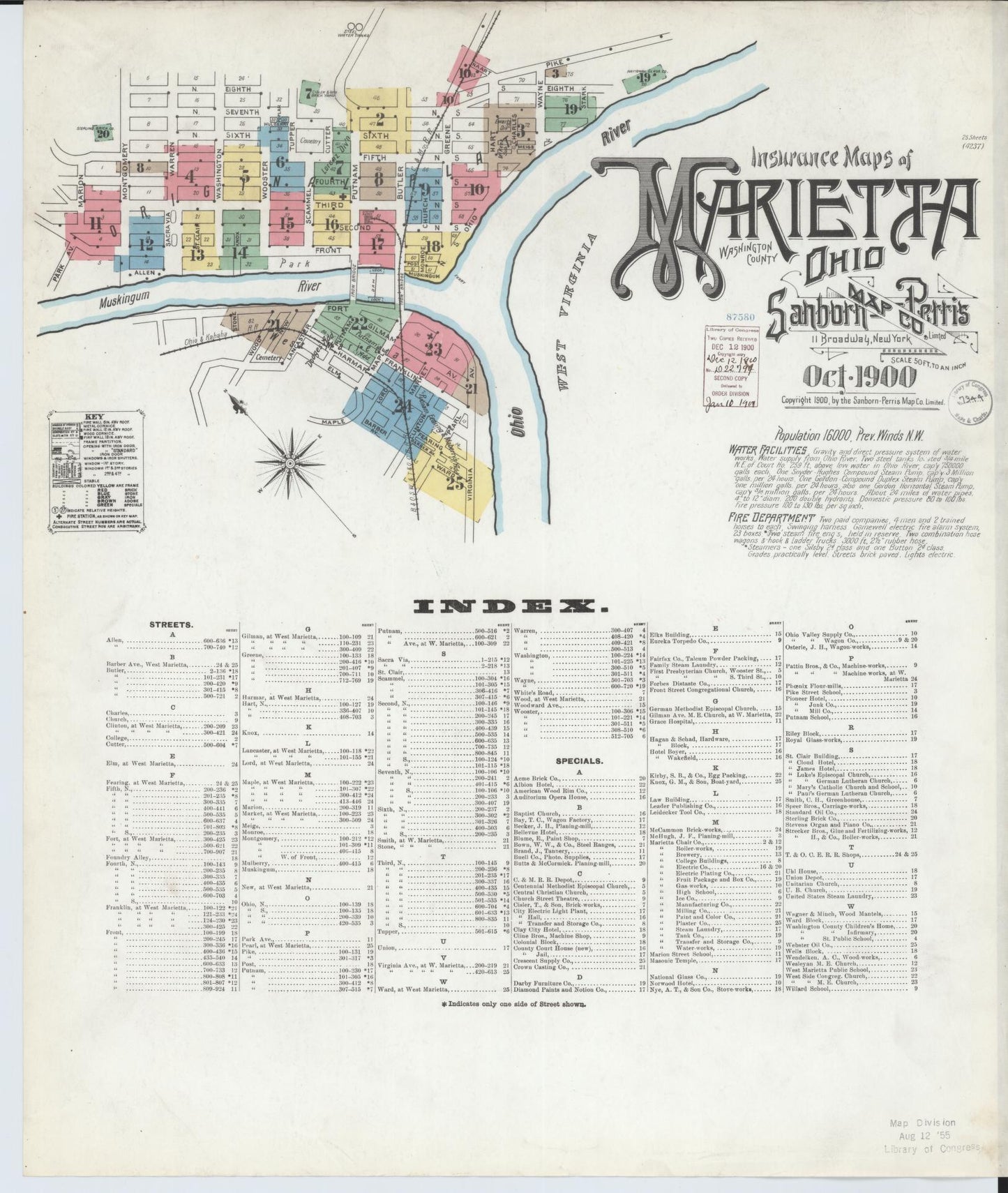 Sanborn Fire Insurance Map from Marietta, Washington County, Ohio (1900), Sheet #0001 - Historic Sanborn Fire Insurance Map Print, vintage old map wall art, antique decor, genealogy gift, Ohio Ohio map