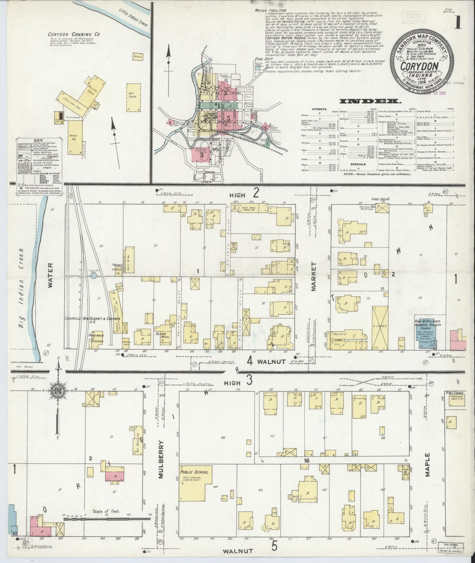 Sanborn Fire Insurance Map from Corydon, Harrison County, Indiana (1910), Sheet #0001 - Complete Map Set gallery image, historic Sanborn map, vintage wall art, Indiana Indiana