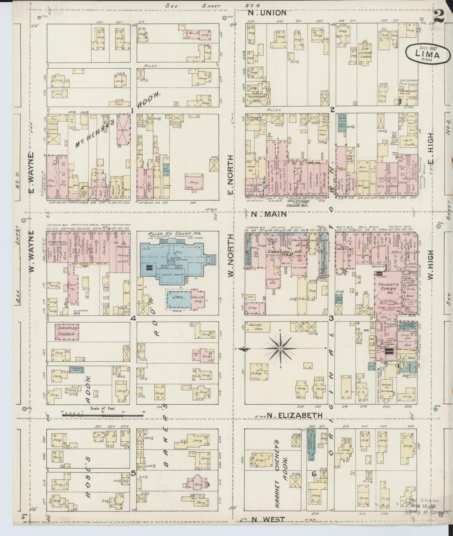 Sanborn Fire Insurance Map from Lima, Allen County, Ohio (1887), Sheet #0002 - Historic Sanborn Fire Insurance Map Print, vintage old map wall art, antique decor, genealogy gift, Ohio Ohio map
