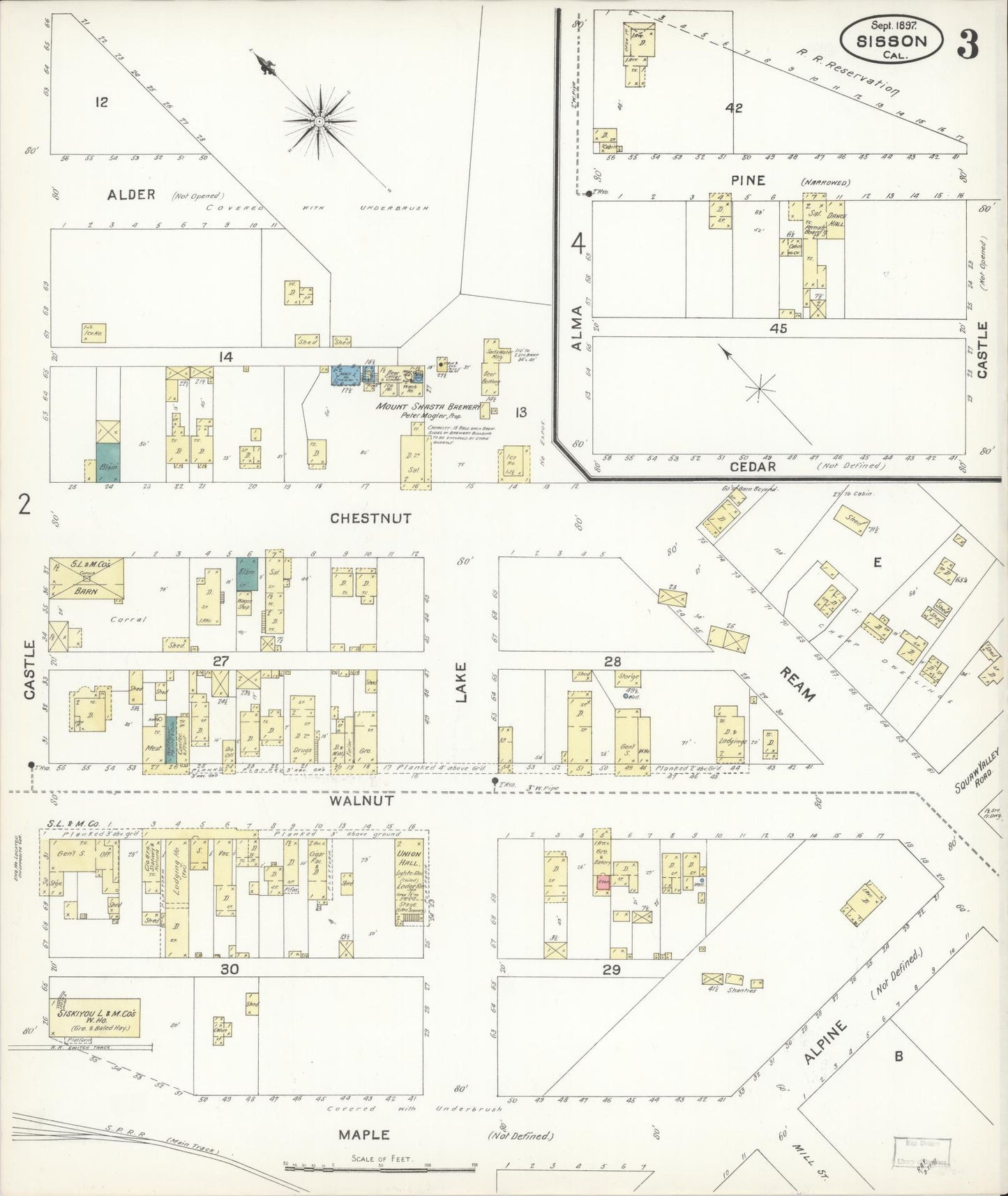Sanborn Fire Insurance Map from Sisson, Siskiyou County, California (1897), Sheet #0003 - Complete Map Set gallery image, historic Sanborn map, vintage wall art, California California
