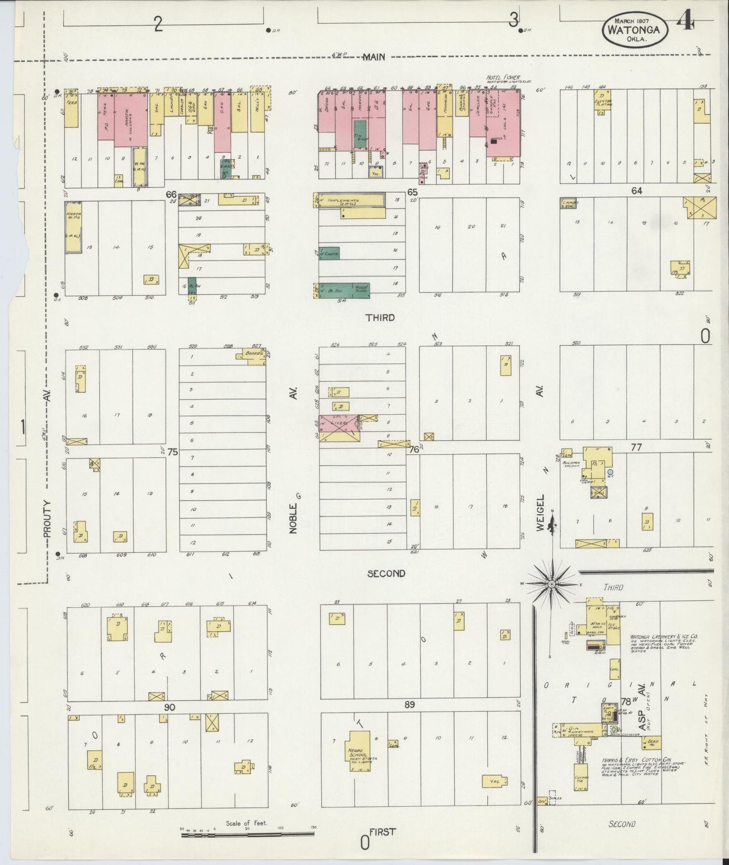 Sanborn Fire Insurance Map from Watonga, Blaine County, Oklahoma (1907), Sheet #0004 - Complete Map Set gallery image, historic Sanborn map, vintage wall art, Oklahoma Oklahoma