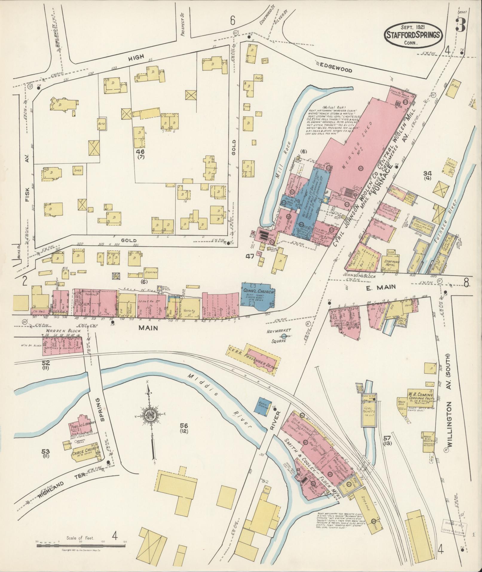 Sanborn Fire Insurance Map from Stafford Springs, Tolland County, Connecticut (1921), Sheet #0003 - Complete Map Set gallery image, historic Sanborn map, vintage wall art, Connecticut Connecticut