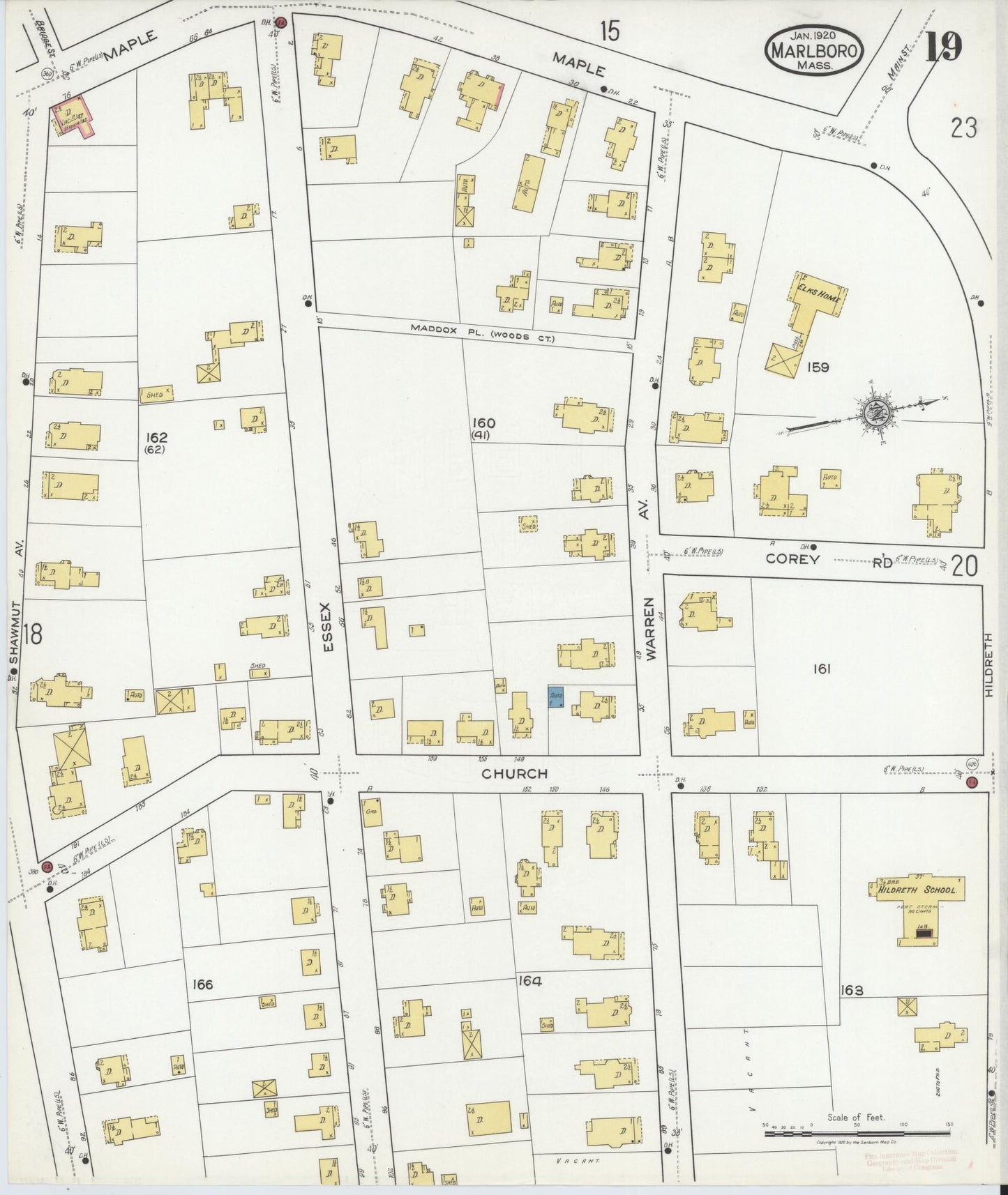 Sanborn Fire Insurance Map from Marlborough, Middlesex County, Massachusetts (1920), Sheet #0019 - Historic Sanborn Fire Insurance Map Print, vintage old map wall art, antique decor, genealogy gift, Massachusetts Massachusetts map