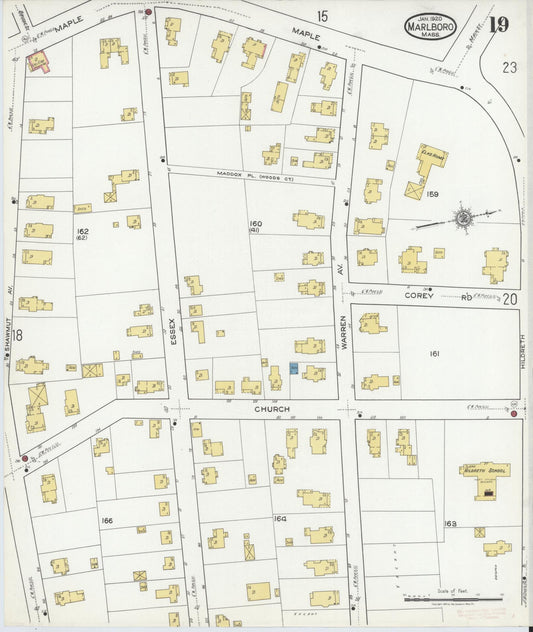 Sanborn Fire Insurance Map from Marlborough, Middlesex County, Massachusetts (1920), Sheet #0019 - Historic Sanborn Fire Insurance Map Print, vintage old map wall art, antique decor, genealogy gift, Massachusetts Massachusetts map