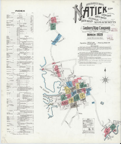 Sanborn Fire Insurance Map from Natick, Middlesex County, Massachusetts (1909), Sheet #0001 - Historic Sanborn Fire Insurance Map Print, vintage old map wall art, antique decor, genealogy gift, Massachusetts Massachusetts map
