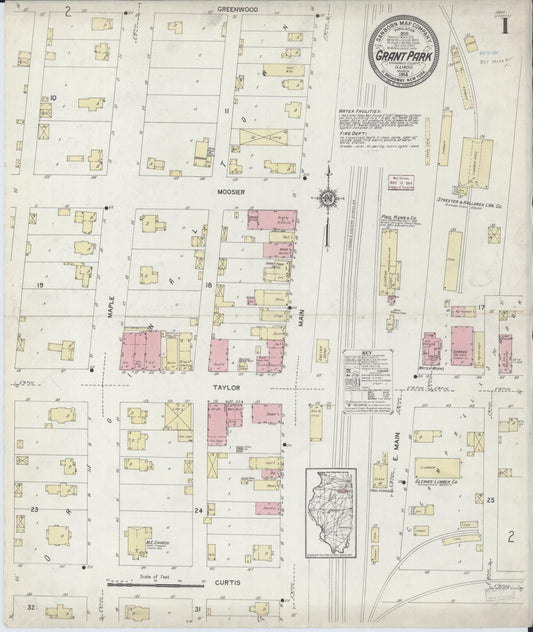 Sanborn Fire Insurance Map from Grant Park, Kankakee County, Illinois (1914), Sheet #0001 - Historic Sanborn Fire Insurance Map Print, vintage old map wall art, antique decor, genealogy gift, Illinois Illinois map
