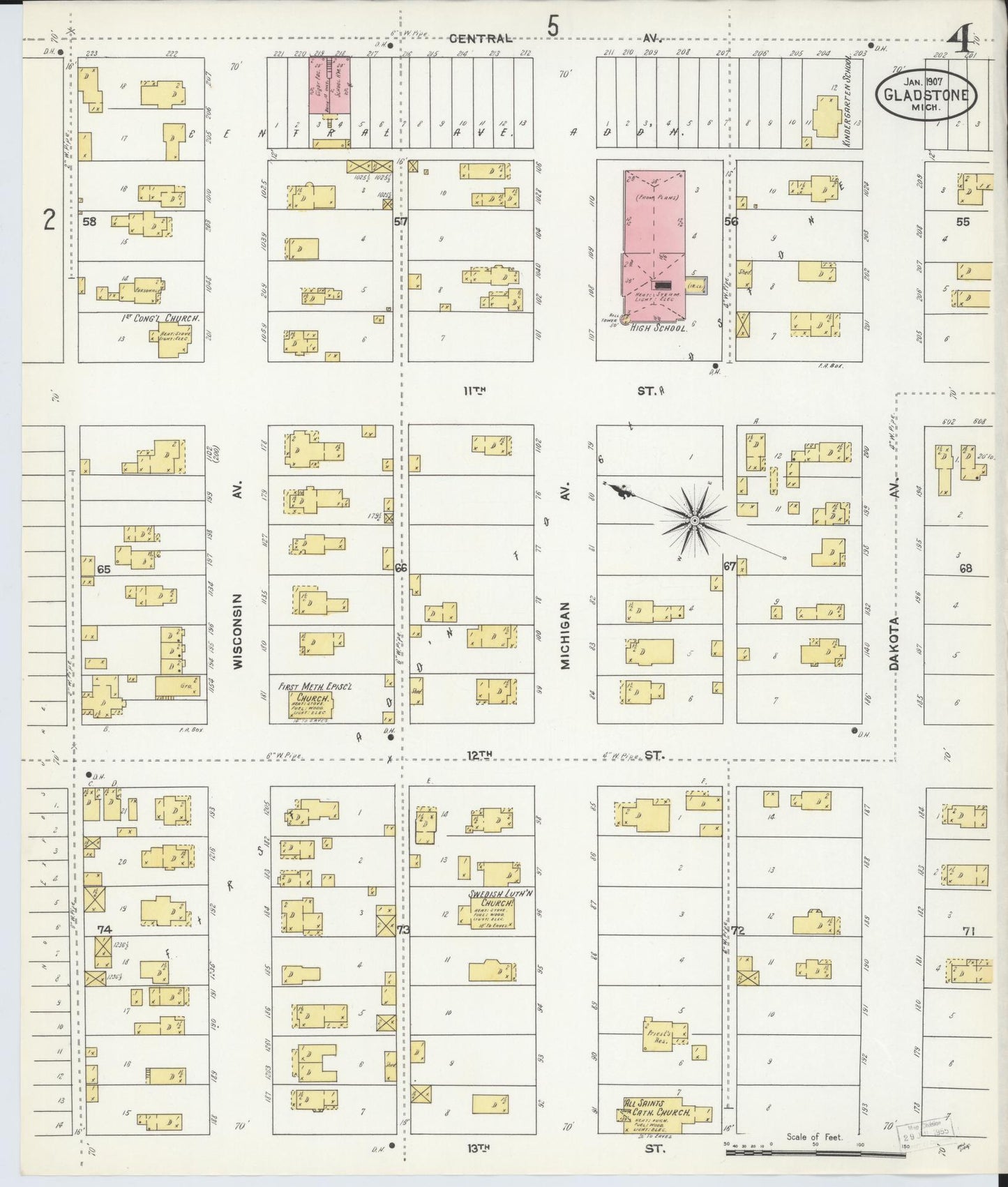 Sanborn Fire Insurance Map from Gladstone, Delta County, Michigan (1907), Sheet #0004 - Complete Map Set gallery image, historic Sanborn map, vintage wall art, Michigan Michigan