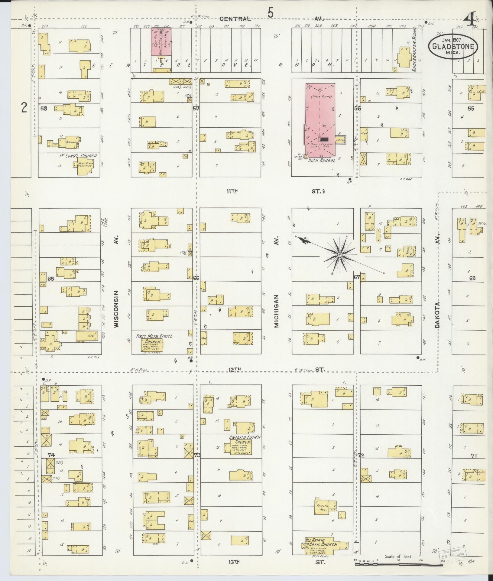 Sanborn Fire Insurance Map from Gladstone, Delta County, Michigan (1907), Sheet #0004 - Complete Map Set gallery image, historic Sanborn map, vintage wall art, Michigan Michigan