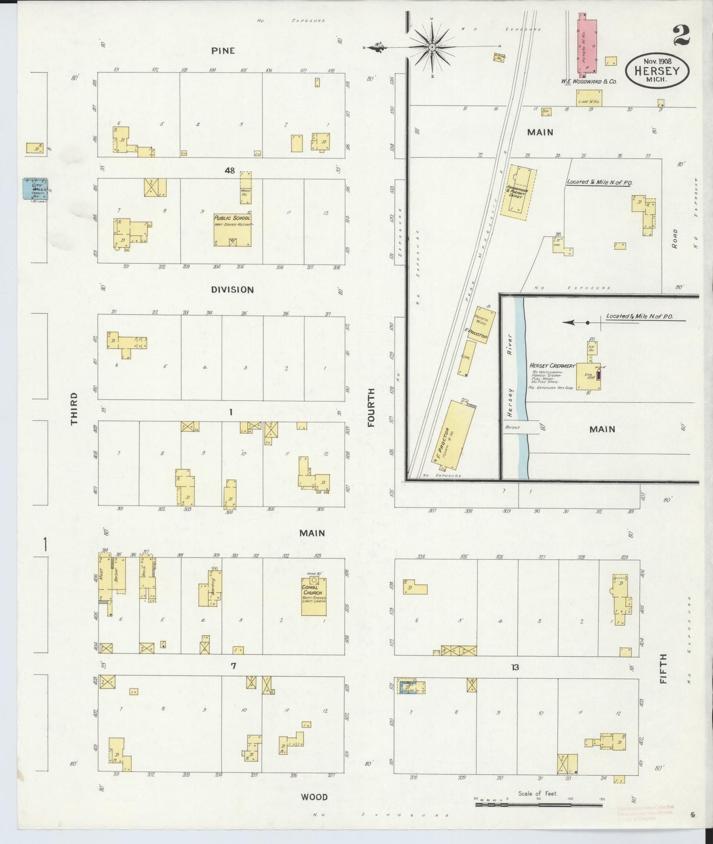 Sanborn Fire Insurance Map from Hersey, Osceola County, Michigan (1908), Sheet #0002 - Complete Map Set gallery image, historic Sanborn map, vintage wall art, Michigan Michigan