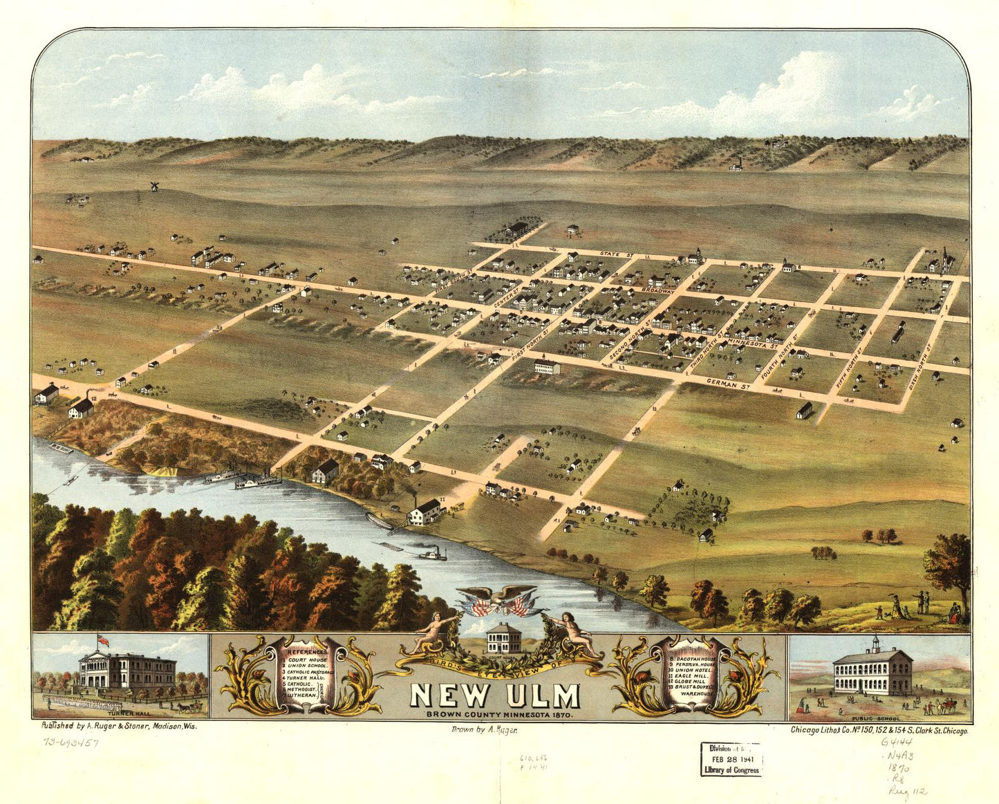 Bird's eye view of New Ulm, Brown County, Minnesota 1870. (1870) – Historic Bird’s-Eye View Panorama Print