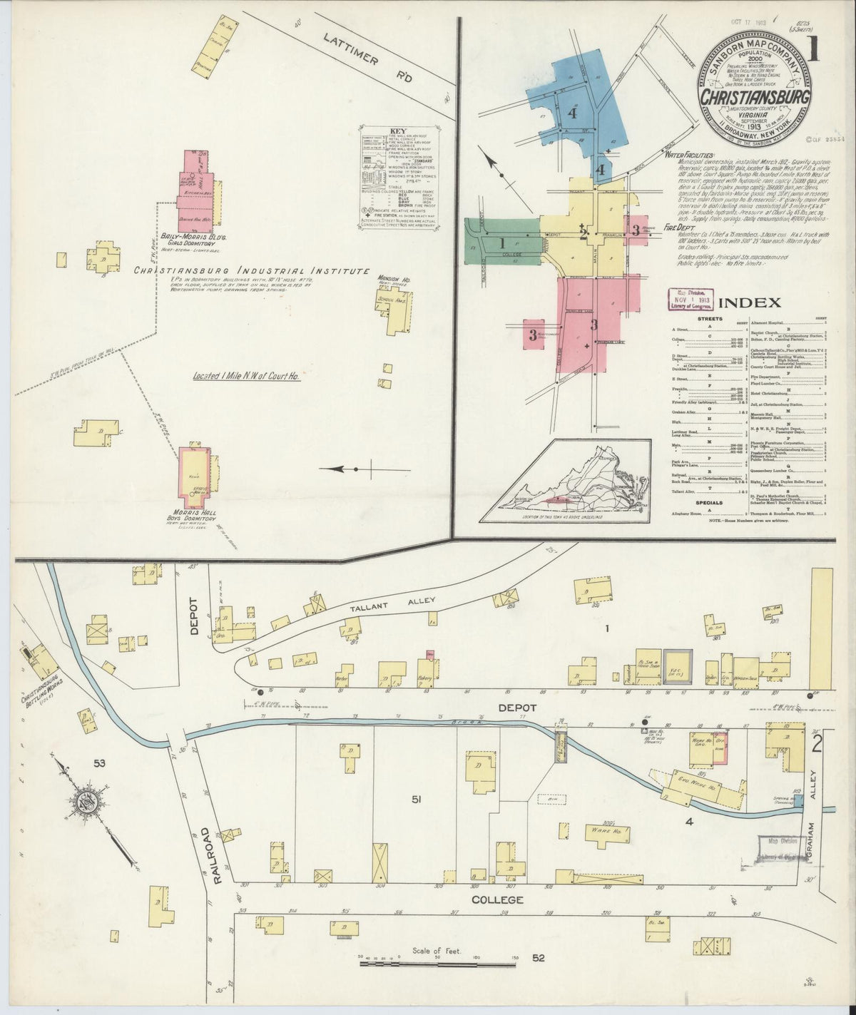 Sanborn Fire Insurance Map from Christiansburg, Montgomery County, Virginia (1913), Sheet #0001 - Historic Sanborn Fire Insurance Map Print, vintage old map wall art, antique decor, genealogy gift, Virginia Virginia map