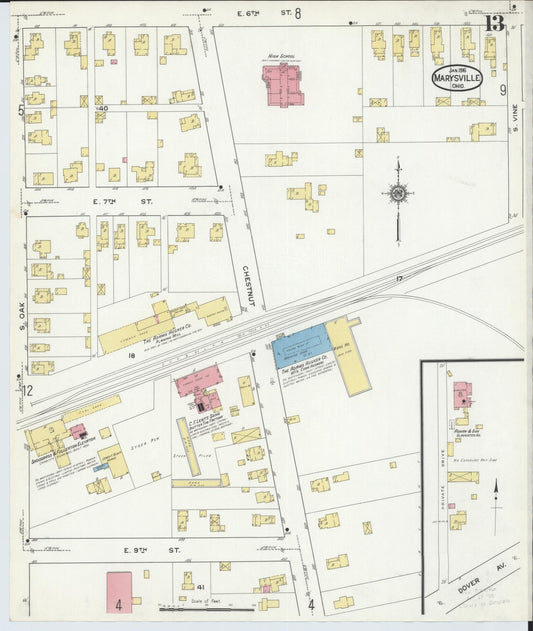 Sanborn Fire Insurance Map from Marysville, Union County, Ohio (1916), Sheet #0013 - Historic Sanborn Fire Insurance Map Print, vintage old map wall art, antique decor, genealogy gift, Ohio Ohio map