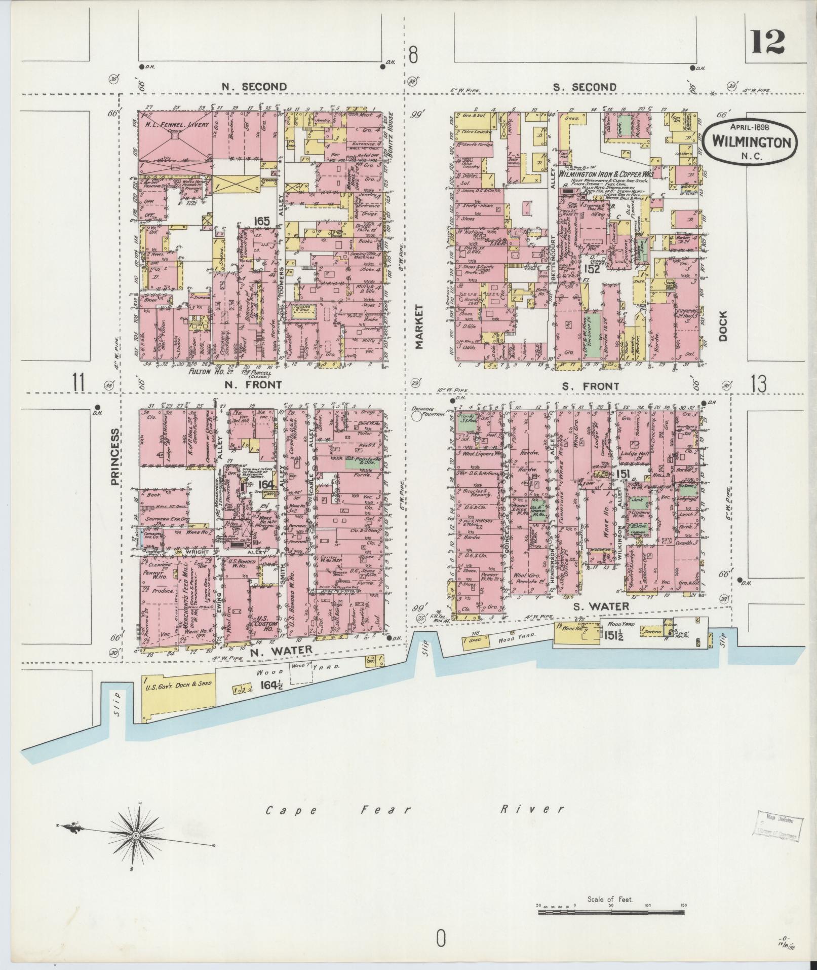 Sanborn Fire Insurance Map from Wilmington, New Hanover County, North Carolina (1898), Sheet #0012 - Historic Sanborn Fire Insurance Map Print, vintage old map wall art, antique decor, genealogy gift, North Carolina North Carolina map