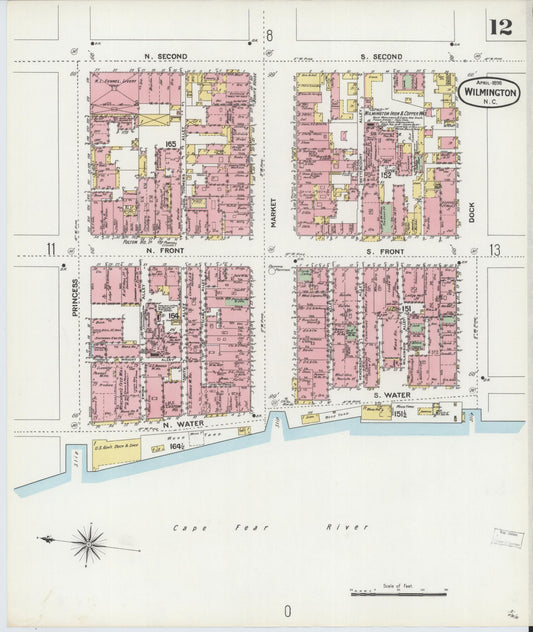Sanborn Fire Insurance Map from Wilmington, New Hanover County, North Carolina (1898), Sheet #0012 - Historic Sanborn Fire Insurance Map Print, vintage old map wall art, antique decor, genealogy gift, North Carolina North Carolina map