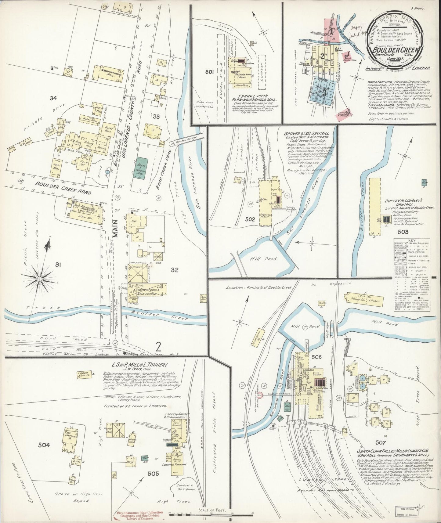 Sanborn Fire Insurance Map from Boulder Creek, Santa Cruz County, California (1897), Sheet #0001 - Historic Sanborn Fire Insurance Map Print, vintage old map wall art, antique decor, genealogy gift, California California map
