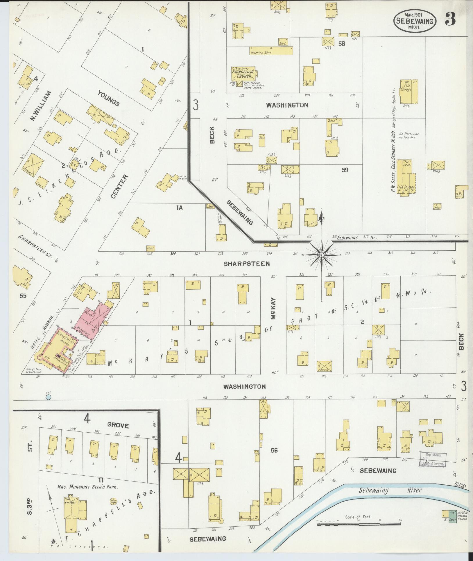 Sanborn Fire Insurance Map from Sebewaing, Huron County, Michigan (1901), Sheet #0003 - Complete Map Set gallery image, historic Sanborn map, vintage wall art, Michigan Michigan