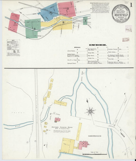 Sanborn Fire Insurance Map from Whitefield, Coos County, New Hampshire (1908), Sheet #0001 - Historic Sanborn Fire Insurance Map Print, vintage old map wall art, antique decor, genealogy gift, New Hampshire New Hampshire map
