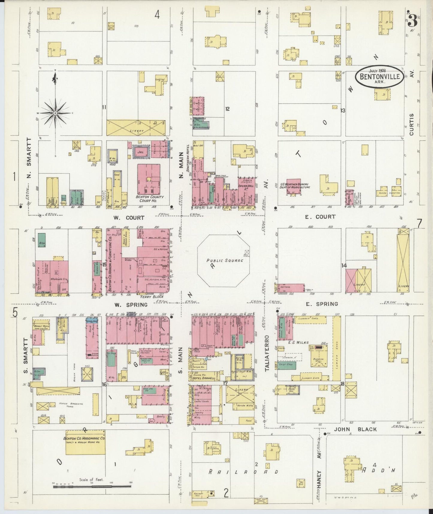 Sanborn Fire Insurance Map from Bentonville, Benton County, Arkansas (1908), Sheet #0003 - Complete Map Set gallery image, historic Sanborn map, vintage wall art, Arkansas Arkansas