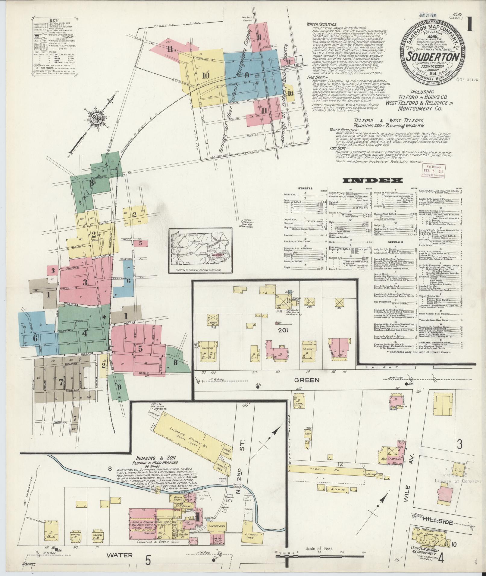 Sanborn Fire Insurance Map from Souderton, Montgomery County, Pennsylvania (1914), Sheet #0001 - Complete Map Set gallery image, historic Sanborn map, vintage wall art, Pennsylvania Pennsylvania