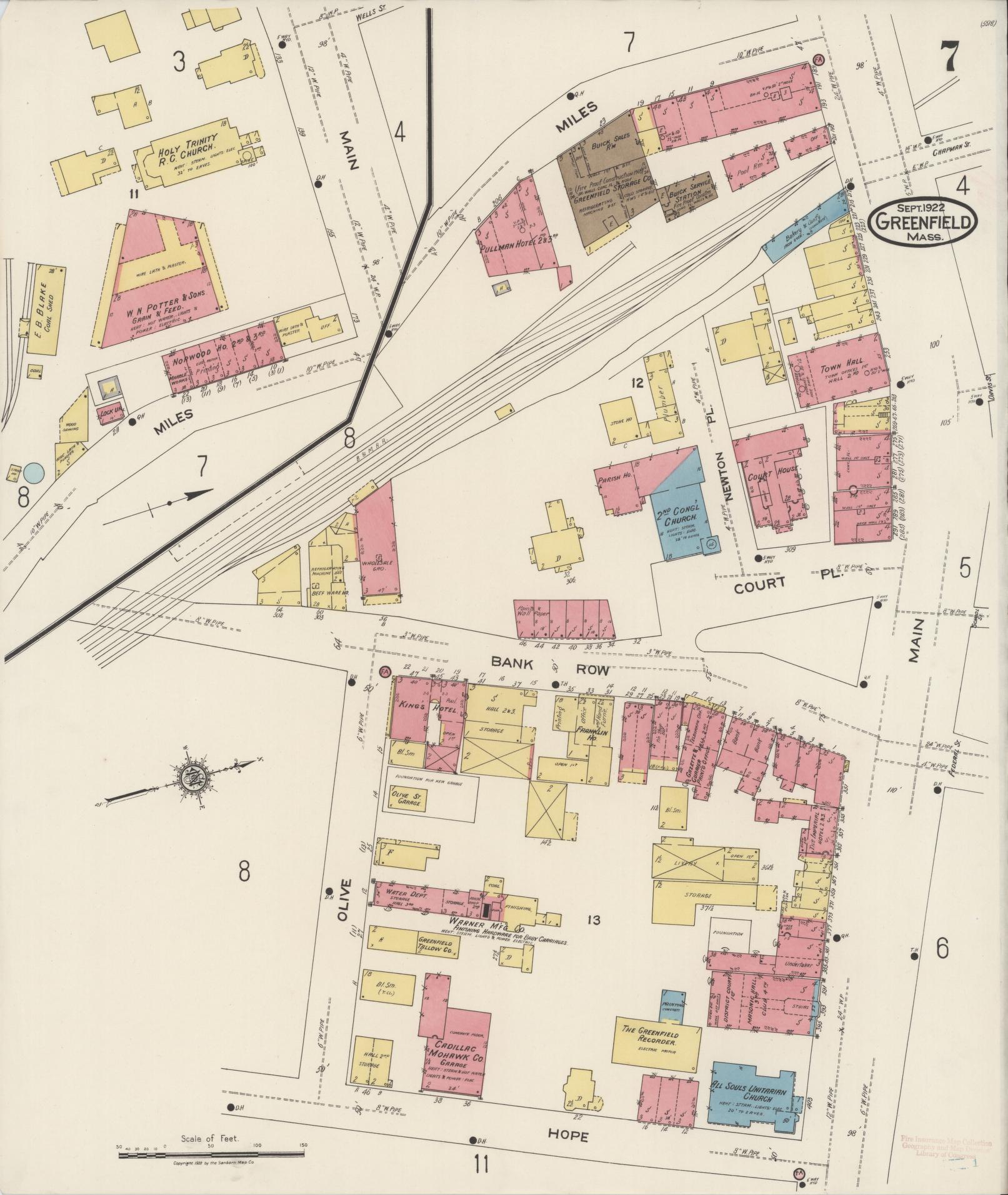 Sanborn Fire Insurance Map from Greenfield, Franklin County, Massachusetts (1922), Sheet #0007 - Complete Map Set gallery image, historic Sanborn map, vintage wall art, Massachusetts Massachusetts