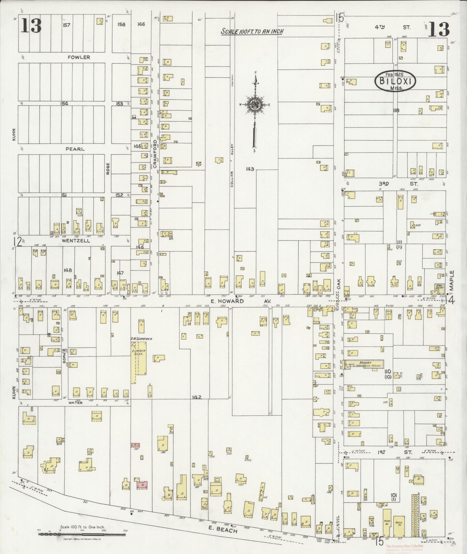 Sanborn Fire Insurance Map from Biloxi, Harrison County, Mississippi (1925), Sheet #0013 - Complete Map Set gallery image, historic Sanborn map, vintage wall art, Mississippi Mississippi