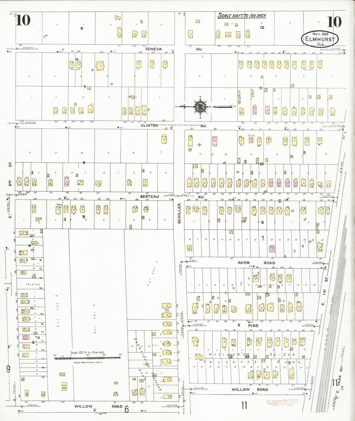 Sanborn Fire Insurance Map from Elmhurst, Du Page County, Illinois (1924), Sheet #0010 - Complete Map Set gallery image, historic Sanborn map, vintage wall art, Illinois Illinois