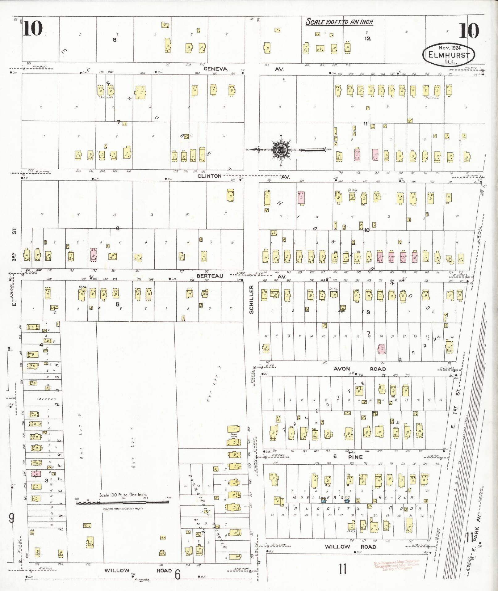Sanborn Fire Insurance Map from Elmhurst, Du Page County, Illinois (1924), Sheet #0010 - Complete Map Set gallery image, historic Sanborn map, vintage wall art, Illinois Illinois