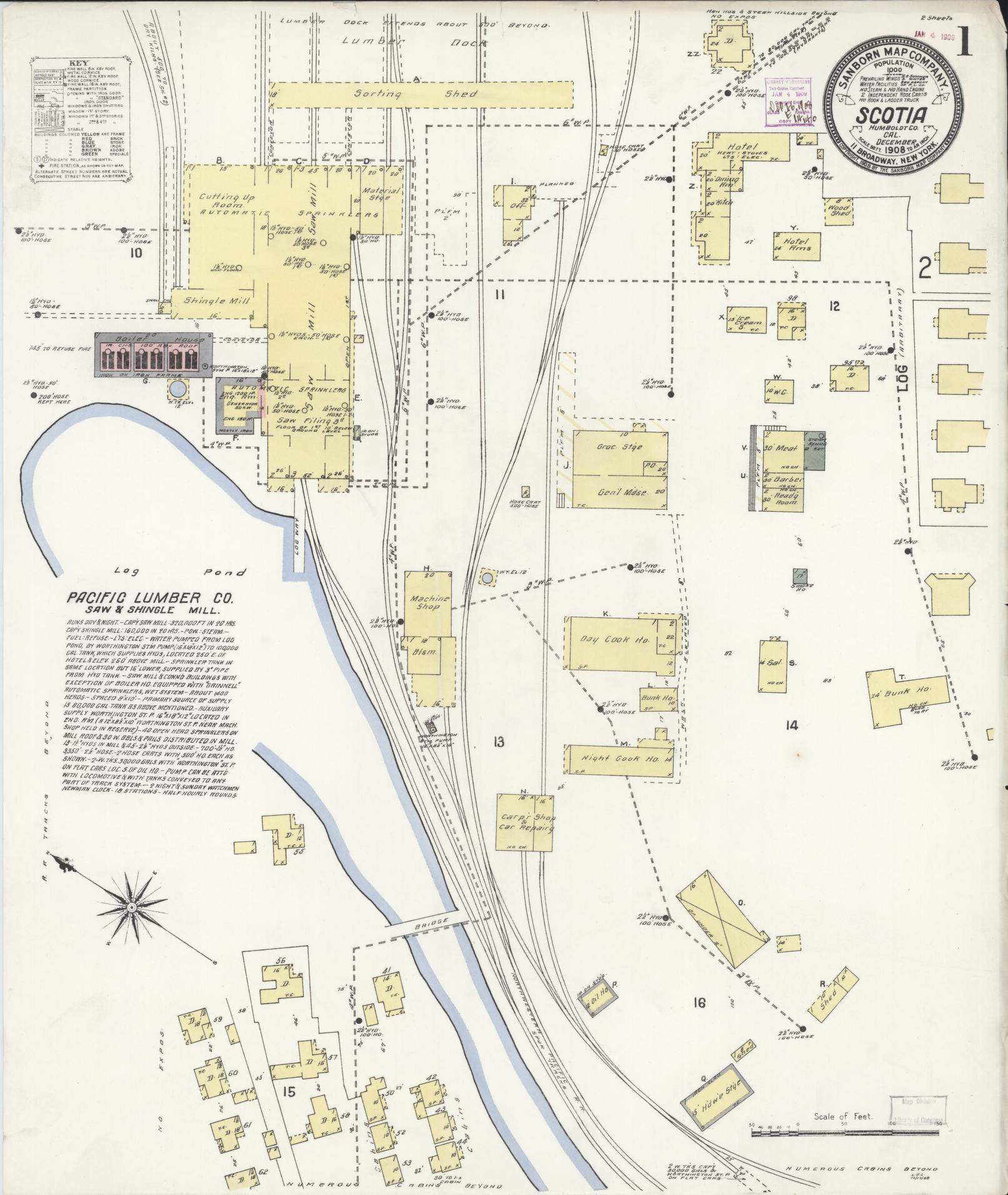 Sanborn Fire Insurance Map from Scotia, Humboldt County, California (1908), Sheet #0001 - Complete Map Set gallery image, historic Sanborn map, vintage wall art, California California