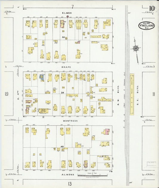 Sanborn Fire Insurance Map from Vineland, Cumberland County, New Jersey (1919), Sheet #0010 - Historic Sanborn Fire Insurance Map Print, vintage old map wall art, antique decor, genealogy gift, New Jersey New Jersey map