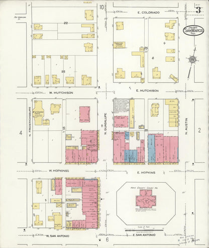 Sanborn Fire Insurance Map from San Marcos, Hays County, Texas (1922), Sheet #0003 - Complete Map Set gallery image, historic Sanborn map, vintage wall art, Texas Texas