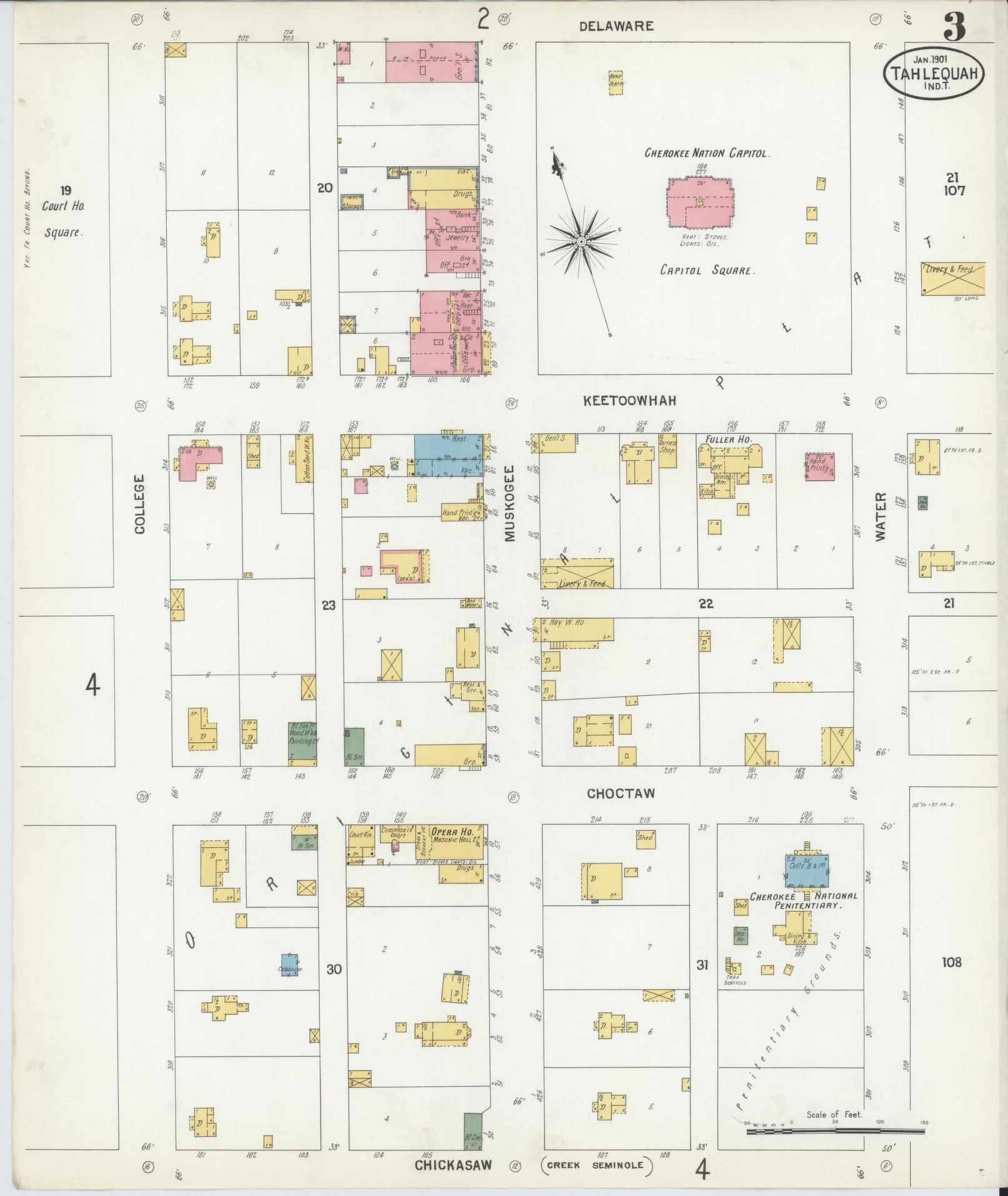 Sanborn Fire Insurance Map from Tahlequah, Cherokee County, Oklahoma (1901), Sheet #0003 - Complete Map Set gallery image, historic Sanborn map, vintage wall art, Oklahoma Oklahoma