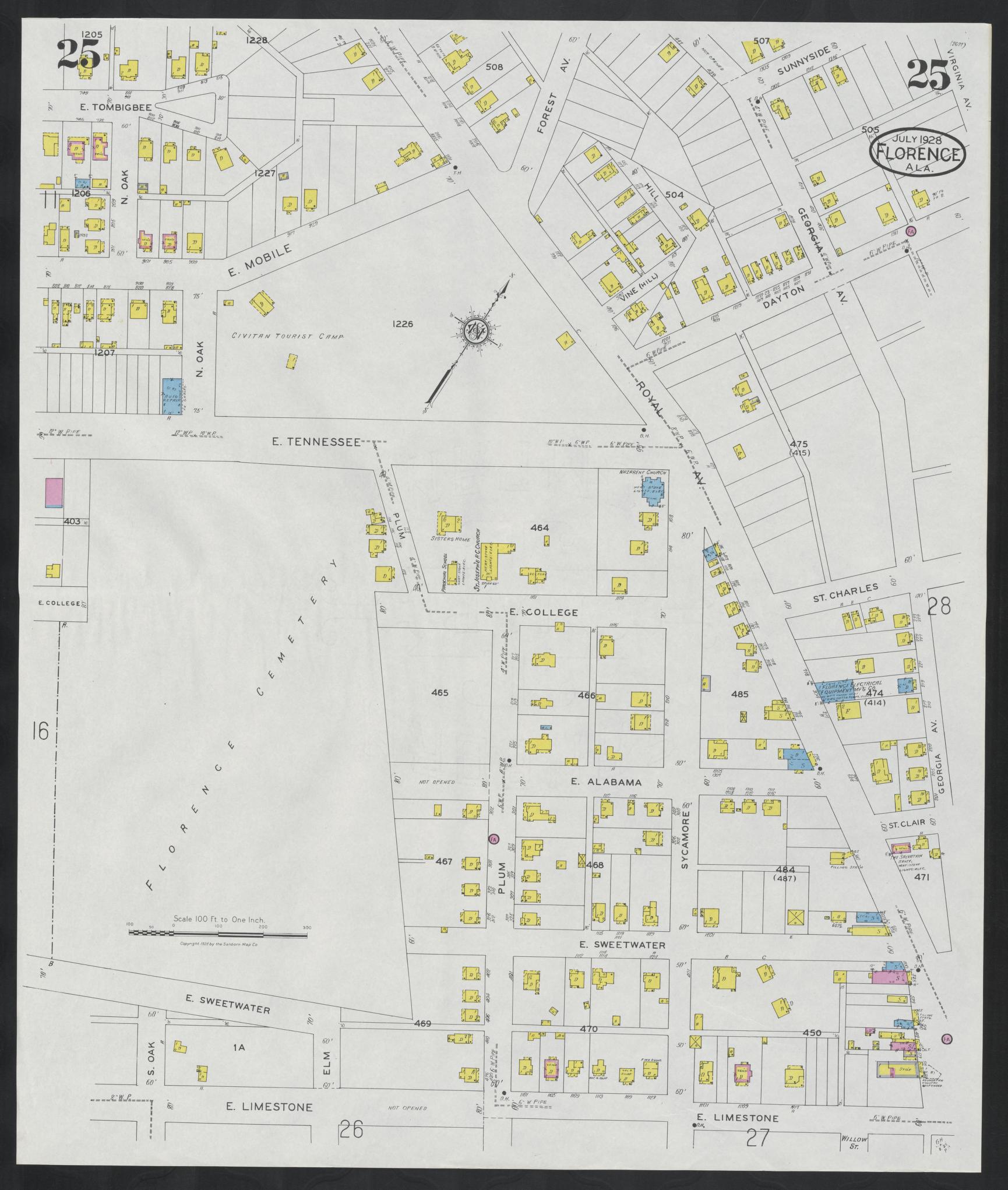 Sanborn Fire Insurance Map from Florence, Lauderdale County, Alabama (1928), Sheet #0025 - Historic Sanborn Fire Insurance Map Print, vintage old map wall art, antique decor, genealogy gift, Alabama Alabama map