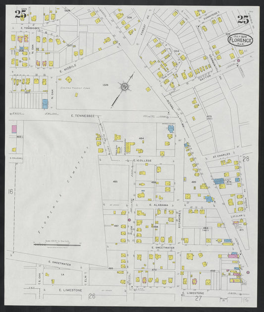 Sanborn Fire Insurance Map from Florence, Lauderdale County, Alabama (1928), Sheet #0025 - Historic Sanborn Fire Insurance Map Print, vintage old map wall art, antique decor, genealogy gift, Alabama Alabama map