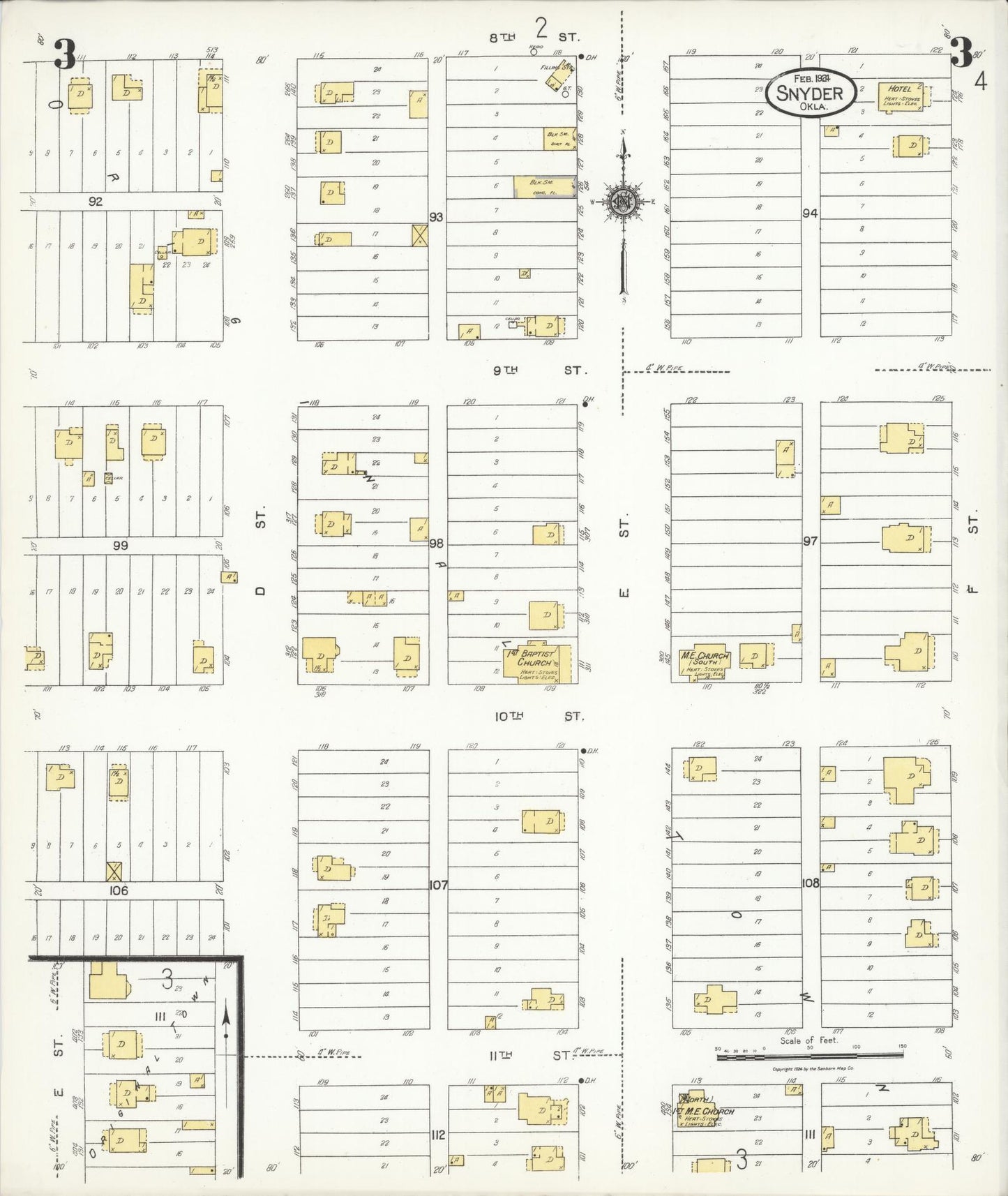 Sanborn Fire Insurance Map from Snyder, Kiowa County, Oklahoma (1924), Sheet #0003 - Historic Sanborn Fire Insurance Map Print, vintage old map wall art, antique decor, genealogy gift, Oklahoma Oklahoma map